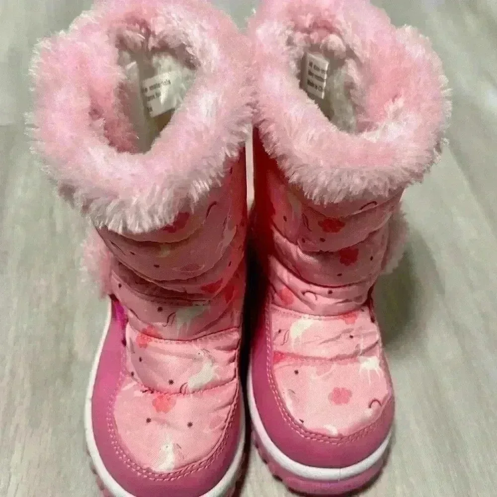 Unbranded Unicorn Snow Boots Kids Size 7 Toddler‎ Pink Excellent Faux Fur Trim